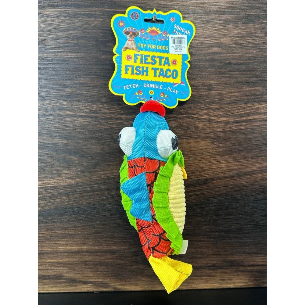 Bow Wow Pet Fiesta Fish Taco Squeak Crinkle Dog Toy Blue Red‎ New